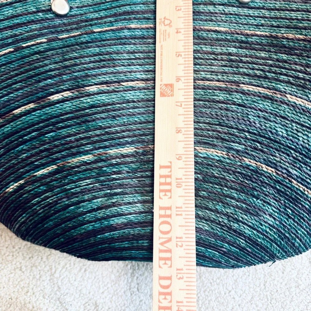 Large Woven Straw Beach Tote Bag Teal Blue Striped Fan Shape Shoulder Bag Zipper